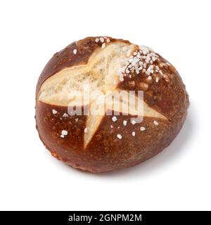 Fresh baked single German pretzel bun close up isolated on white background Stock Photo