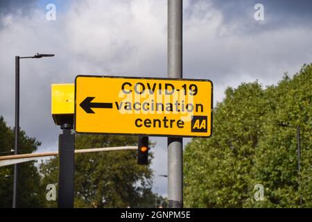 COVID-19 vaccination centre sign in Central London, United Kingdom, 27 September 2021. Stock Photo