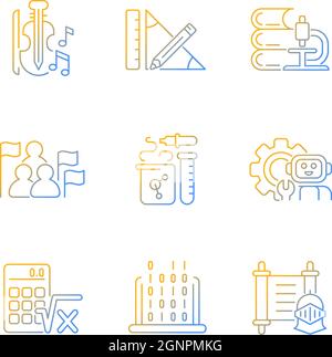 Different types of school subjects gradient linear vector icons set Stock Vector
