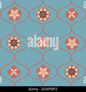 Roman Ogee, quatrefoil, hexafoil vector seamless pattern background. Azulejo style with historical medieval foil ochre motifs on blue backdrop Stock Vector