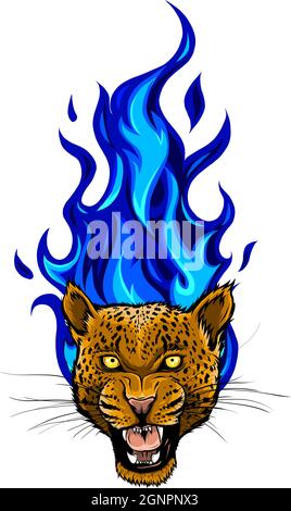 vector illustration of Leopard head with fire. Stock Vector
