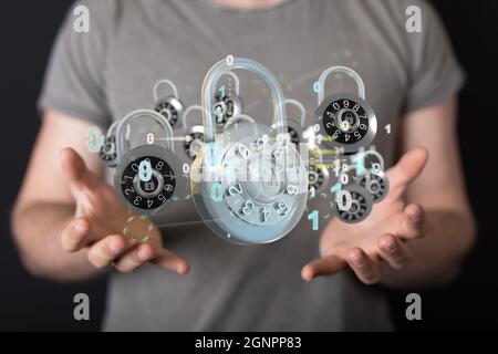 Closeup shot on 3d security Shield concept, data protection. Shield with dots and lines connection Stock Photo
