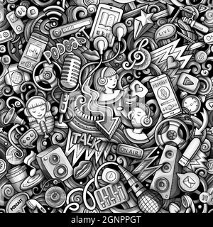 Cartoon doodles Audio content seamless pattern. Stock Vector