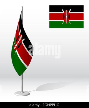 Kenya flag on flagpole for registration of solemn event, meeting foreign guests. National independence day of Kenya. Realistic 3D vector on white Stock Vector