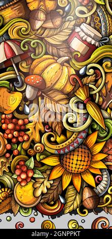 Cartoon cute colorful hand drawn doodles Fall season banner Stock Vector