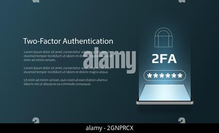 Two factor authentication 2FA with a smartphone on a dark background. Protecting your money. Unlocking via mobile phone. Vector illustration for websi Stock Vector