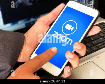 9.20.2021. California, USA. Zoom Mobile Application for Online Video Calls and Classes is opened on screen with icon. Editorial image Stock Photo