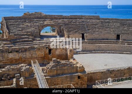 Roman amphitheatre, a UNESCO World Heritage Site, Tarragona, Catalonia, Spain.  Tarragona Amphitheatre is a Roman amphitheatre in the city of Tarraco, Stock Photo