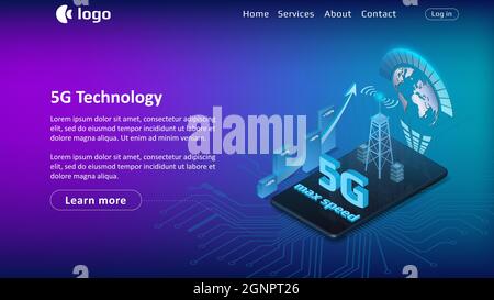 5G internet technology website template with isometric phone on blue background. Up arrow with percentage bars and signal tower. Vector illustration. Stock Vector
