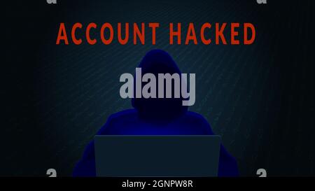 Account hacked concept with silhouette of hacker and computer on dark ...