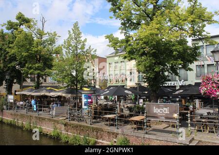 MECHELEN, BELGIUM, 1 AUGUST 2021: View of the 'Vismarkt' (Fish Market) in Mechelen. A very popular part of the city for food and drink, with many rest Stock Photo