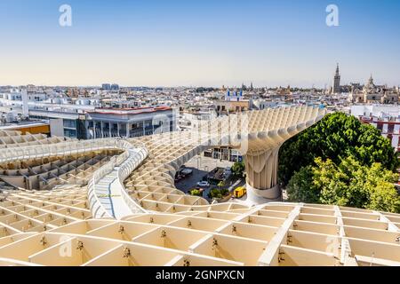 Wooden roof called Setas de Sevilla and amazing panoramic view of the city, Seville, Andalusia, Spain Stock Photo
