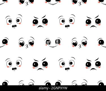 Seamless pattern with faces and different emotions. Print with joyful and sad smiles, frightened and loving eyes Stock Vector
