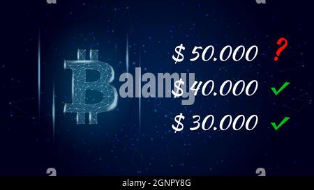 Can Bitcoin BTC hit 50000 dollars polygonal cryptocurrency token symbol and question mark next to the price, coin icon on dark background. Vector illu Stock Vector