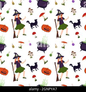 Halloween seamless pattern with girl witch, black cat, pumpkin, toadstool and fly agarics. Festive print with October holiday elements Stock Vector