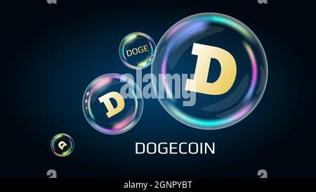 Dogecoin DOGE token symbol in soap bubble. The financial pyramid will burst soon and destroyed. Vector illustration. Stock Vector