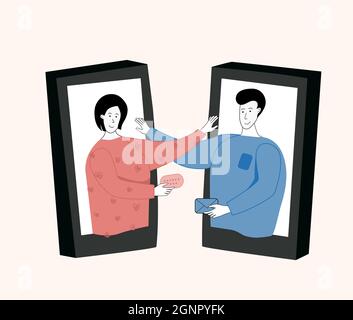 Loving couple connecting via smartphone, long-distance relationships. Big phone with woman and man. Video call, virtual date vector illustration. Stock Vector