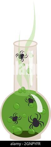 Witch flask with boiling green liquid and spiders. Halloween potion party decoration Stock Vector