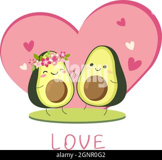 Cute vector cartoon avocado couple holding hands, Valentines day greeting card. Funny poster. .two avocado lovers on the lawn on the background of a pink heart. isolated on white background. Stock Vector