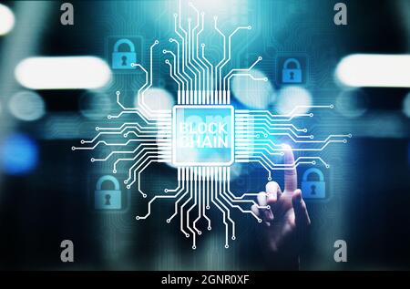 Blockchain technology concept on virtual screen. Cryptography and cryptocurrency Stock Photo