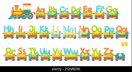 Train alphabet for kid in cartoon style. Vector ABC letters for children education in school, preschool and kindergarten. Stock Vector