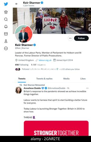 Twitter page (Sept 2021) of Sir Keir Starmer MP, Labour Party leader Stock Photo