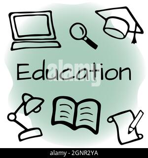 Hand drawn education design set. Doodle style vector illustration isolated on color background. Stock Vector