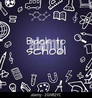 Hand drawn design set. Back to school. School board. Doodle style vector illustration isolated on blue background. Stock Vector
