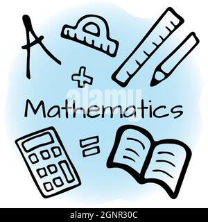 Hand drawn mathematics design set. Doodle style vector illustration isolated on color background. Stock Vector