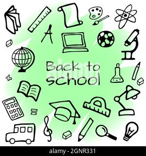 Hand drawn design set. Back to school. Doodle style vector illustration isolated on color background. Stock Vector