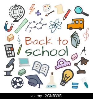 Hand drawn creative design set. Back to school. Doodle style vector illustration for graphic and web design Stock Vector