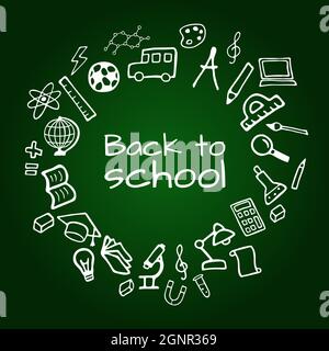 Hand drawn design set. Back to school. School board. Doodle style vector illustration isolated on green background. Stock Vector