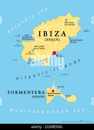 Ibiza and Formentera Island, Spain, political map. Pityusic Islands commonly known as Pine Islands, part of the Balearic Islands, archipelago of Spain. Stock Photo