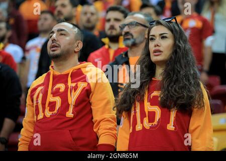 ISTANBUL, TURKEY - SEPTEMBER 26: Fans of Galatasaray during the Super Lig match between Galatasaray and Goztepe at the Turk Telekom Stadium on September 26, 2021 in Istanbul, Turkey (Photo by Orange Pictures) Stock Photo