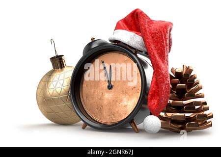 Christmas Alarm Clock in hat of Santa Claus with pine cone and decoration ball. 3D Rendering Stock Photo