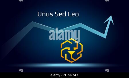 Unus Sed Leo in uptrend and price is rising. Cryptocurrency coin symbol and up arrow. Flies to the moon. Vector illustration. Stock Vector
