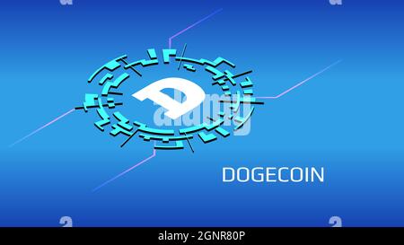 Dogecoin DOGE isometric token symbol in digital circle on blue background. Cryptocurrency icon for banner or news. Vector illustration. Stock Vector