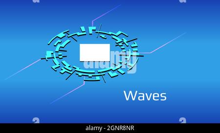 Waves isometric token symbol in digital circle on blue background. Cryptocurrency icon. Vector illustration for website or banner. Stock Vector