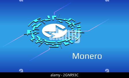 Monero XMR isometric token symbol in digital circle on blue background. Cryptocurrency icon. Vector illustration for website or banner. Stock Vector