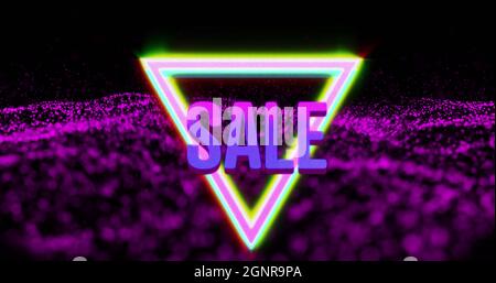 Image of neon sale text with triangles over abstract waving mesh with pink spots Stock Photo