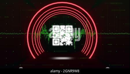 QR code scanner with neon elements against green light trails Stock Photo