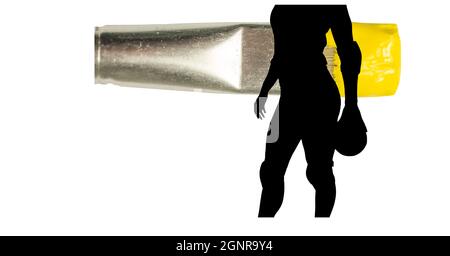 Mid section of silhouette of female handball player against paint brush with yellow painted tip Stock Photo