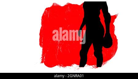 Mid section of silhouette of female handball player against red paint brush strokes Stock Photo
