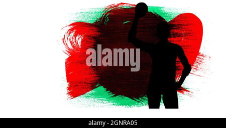 Silhouette of female handball player against red, green and black paint brush strokes Stock Photo