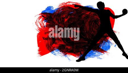 Silhouette of female handball player against red, blue and black paint brush strokes Stock Photo