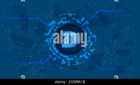 Dogecoin DOGE token symbol in digital circle with cryptocurrency theme on blue background. Cryptocurrency icon for banner or news. Vector illustration Stock Vector