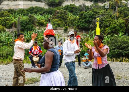 Afro-Ecuadorian group playing music and dancing in Valle del Chota, Ecuador Stock Photo