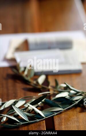 Saint Louis de Novel church.  Catholic mass. Holy week. Palm sunday celebration.  Annecy. France. Stock Photo