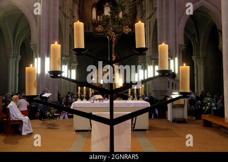 Saint Francois de Sales basilica.  Catholic masss. Church candels.  Thonon. France. Stock Photo
