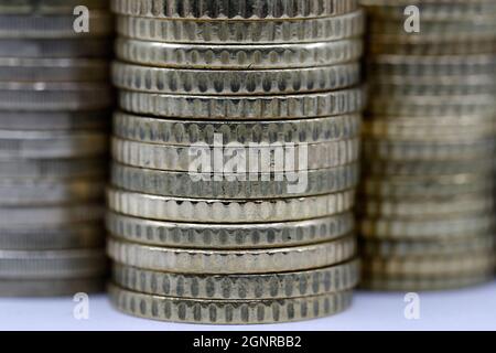 Piles of coins. Business banking and financial concept idea.Global network business banking concept. Stock Photo